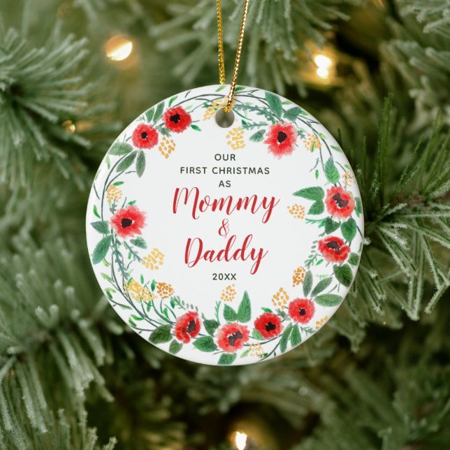 Personalized New Mommy & Daddy Christmas Ceramic Ornament (Tree)