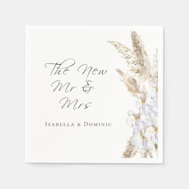 Personalized New Mr. & Mrs. Pampas Grass Wedding Napkin (Front)