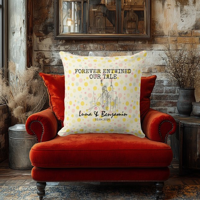 Personalized New York Skyline Polka Dot Pattern Throw Pillow (Creator Uploaded)