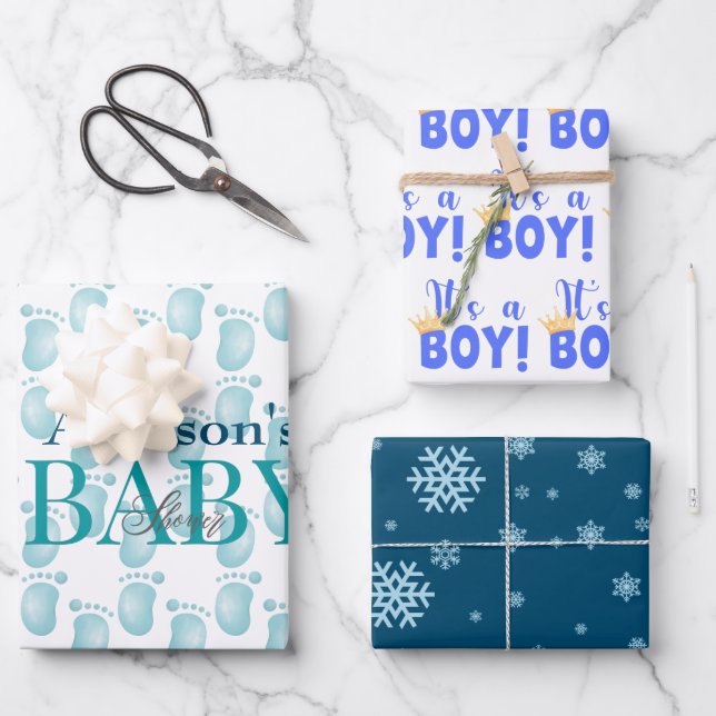 Personalized Newborn Baby Boy Shower Wrapping Paper Sheet (Front)