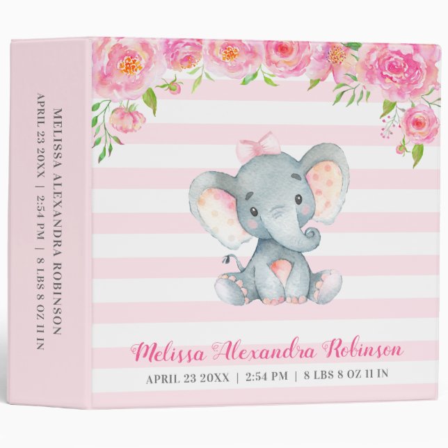 Personalized Newborn Baby Girl Elephant Album Binder (Front/Spine)
