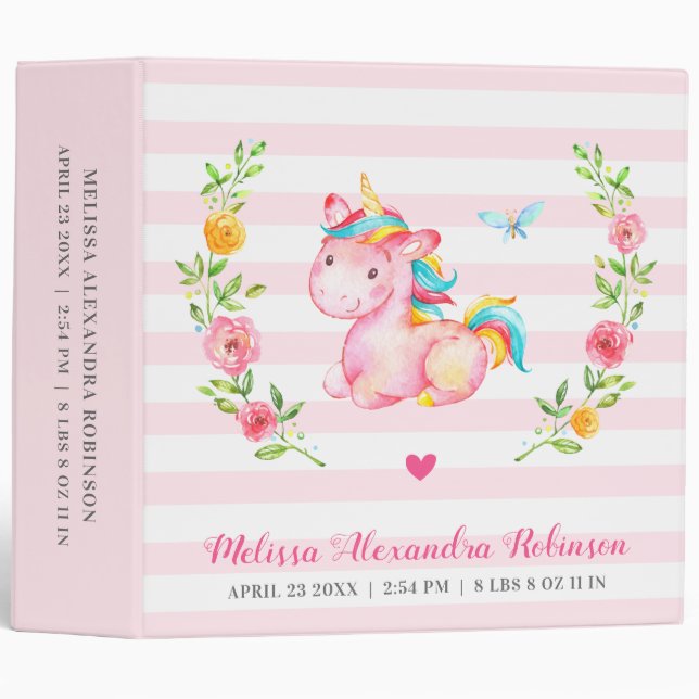 Personalized Newborn Baby Girl Unicorn Gift Album Binder (Front/Spine)