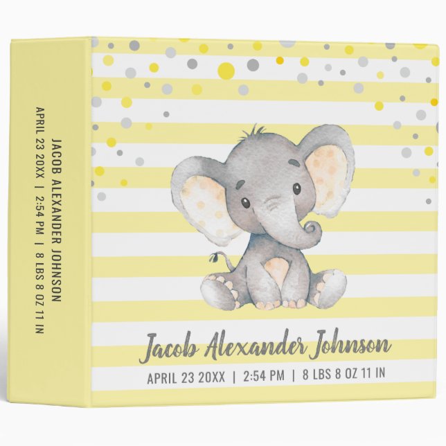 Personalized Newborn Baby Yellow Elephant Album Binder (Front/Spine)