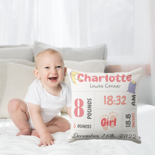 Personalized Newborn Detail Birth Announcement Throw Pillow