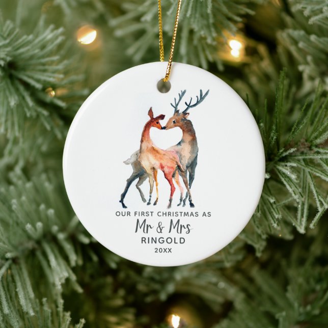 Personalized Newlywed First Christmas Deer Custom Ceramic Ornament (Tree)