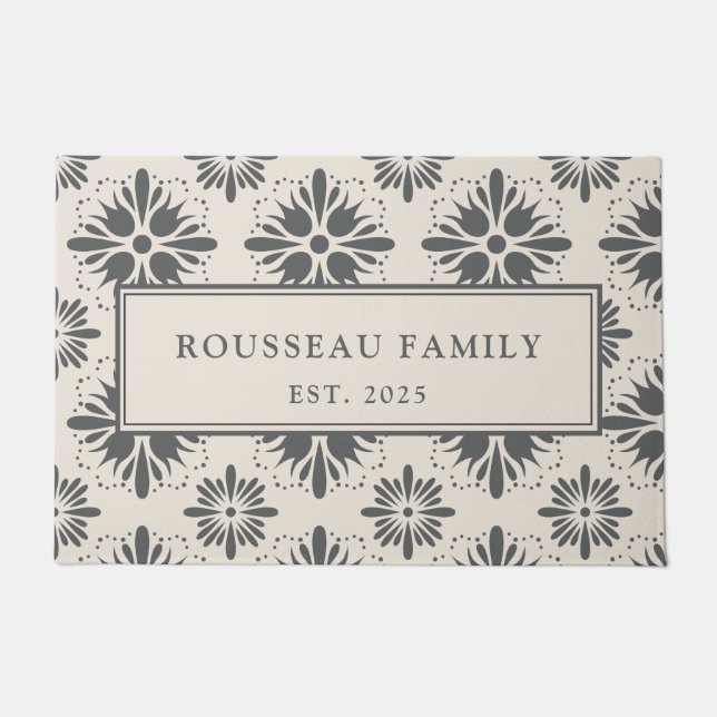 Personalized Newlyweds Floral Tile Pattern Doormat (Front)