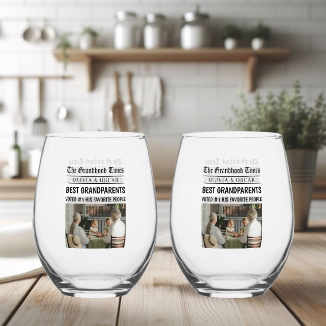Personalized Newspaper Headline Grandparents Gift Stemless Wine Glass (Creator Uploaded)