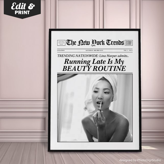 Personalized Newspaper Trendy Print Better Late  (Trendy Newspaper Print, Better Late Than Ugly, New York Newspaper Wall Art, Bathroom Decor)