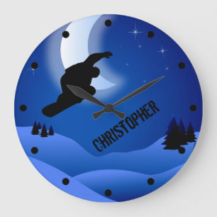 Personalized Night Snowboarding Mountain and Moon Large Clock