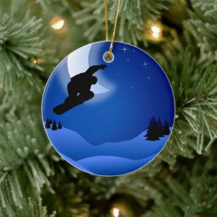 Personalized Night Snowboarding with Moon Mountain Ceramic Ornament