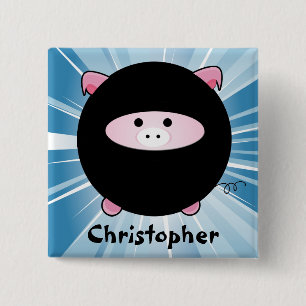 Personalized Ninja Pig on Blue 2 Inch Square Button