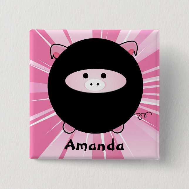 Personalized Ninja Pig on Pink 2 Inch Square Button (Front)