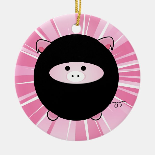 Personalized Ninja Pig on Pink Ceramic Ornament (Front)