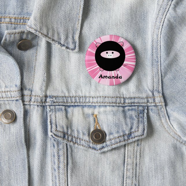 Personalized Ninja Pig on Pink Round Button (In Situ)