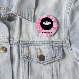Personalized Ninja Pig on Pink Round Button