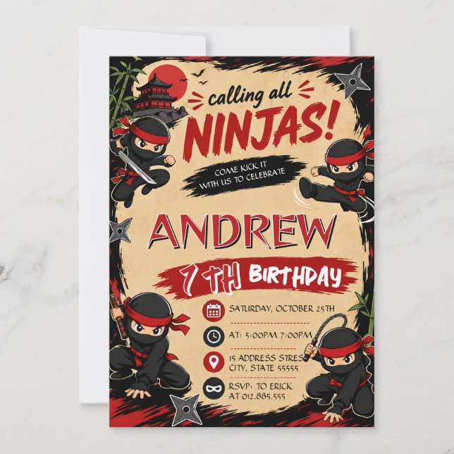 Personalized Ninja Samurai  Birthday Invitation (Front)