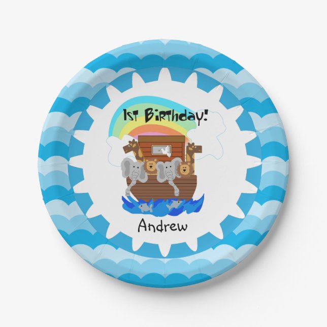 Personalized Noah's Ark 1st Birthday Paper Plates (Front)