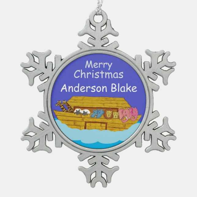personalized Noah's Ark baby 1st Christmas Snowflake Pewter Christmas Ornament (Front)