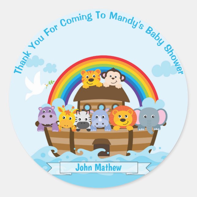 Personalized Noah's Ark Baby Shower Thank You Classic Round Sticker (Front)