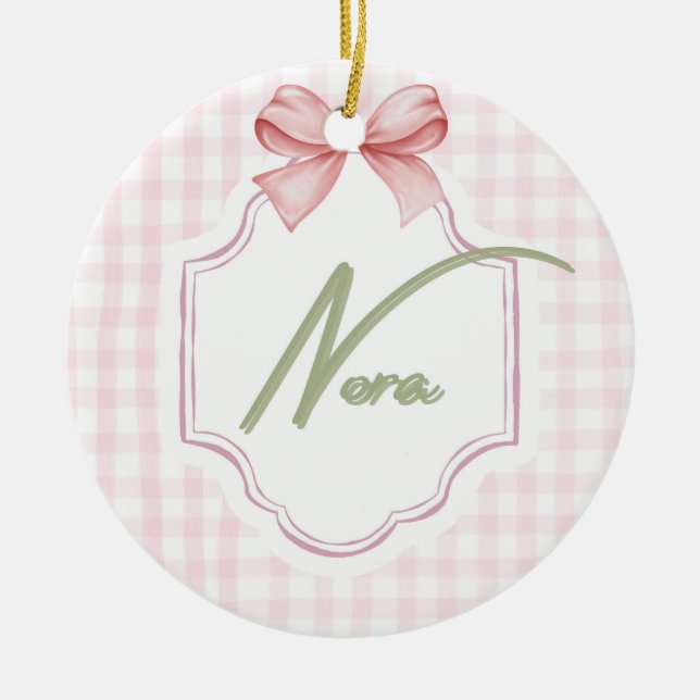 Personalized Nora Baby Girl Nursery Bow&Gingham  Ceramic Ornament (Front)