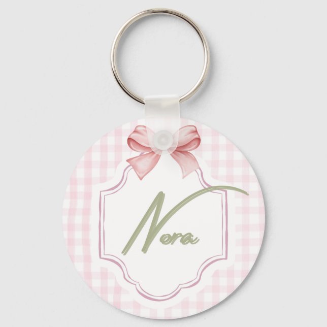 Personalized Nora Baby Girl Nursery Bow&Gingham  Keychain (Front)