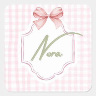 Personalized Nora Baby Girl Nursery Bow&Gingham  Square Sticker