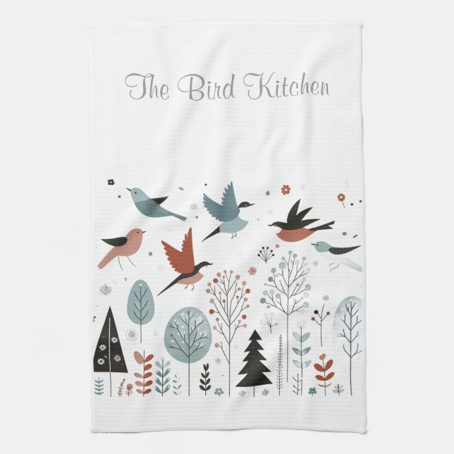 Personalized Nordic Birds and Forest Kitchen Towel (Vertical)
