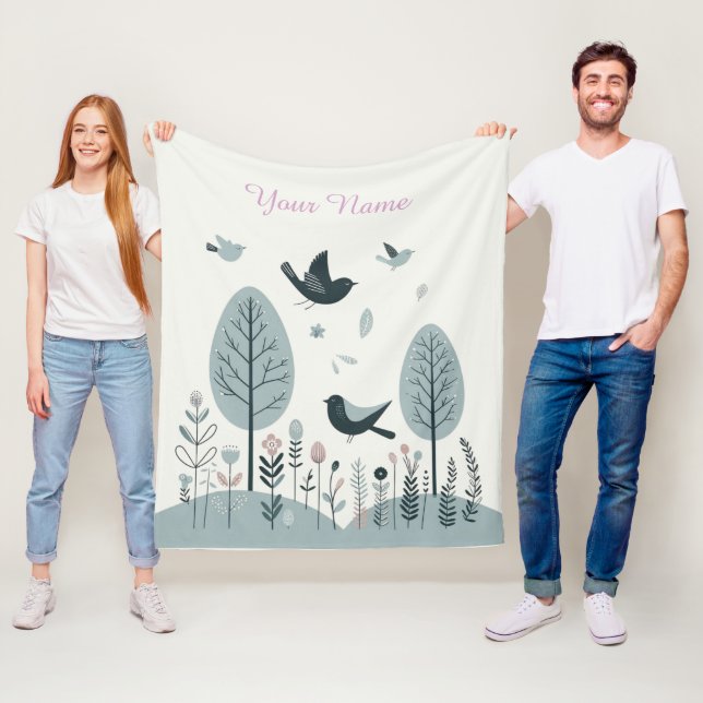 Personalized Nordic Birds & Forest  Fleece Blanket (In Situ)