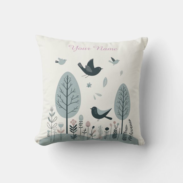 Personalized Nordic Birds & Forest  Throw Pillow (Front)