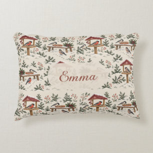 Personalized Nordic Christmas Bird Feeder Scene Accent Pillow