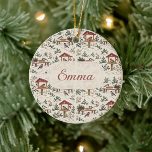 Personalized Nordic Christmas Bird Feeder Scene Ceramic Ornament