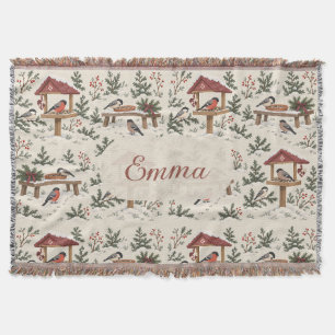 Personalized Nordic Christmas Bird Feeder Scene Throw Blanket