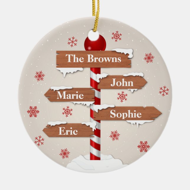 Personalized North Pole 4 Family Names Ceramic Ornament (Front)