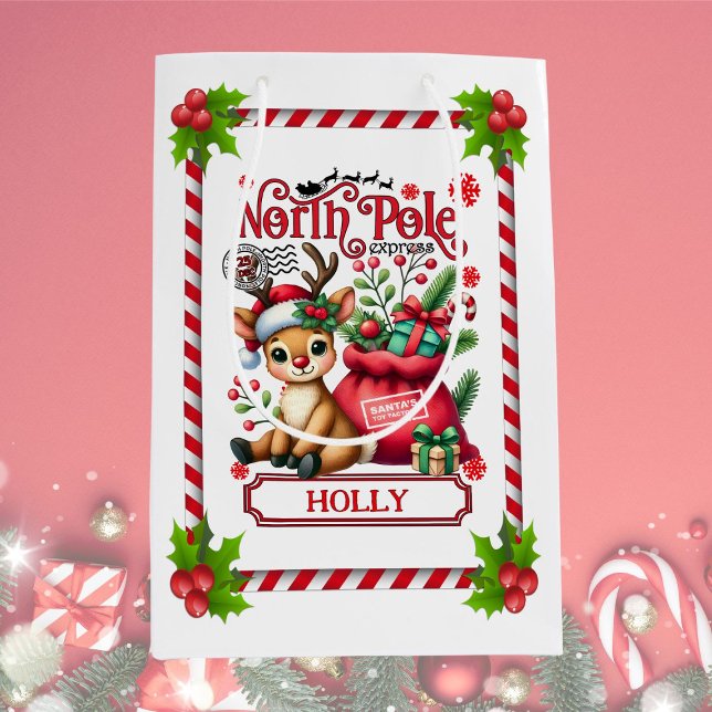 Personalized North Pole Express Reindeer Medium Gift Bag (Creator Uploaded)