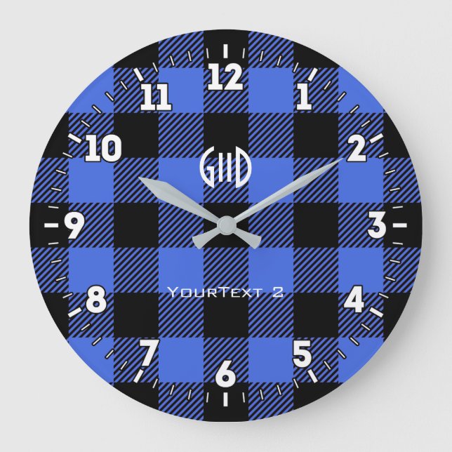 Personalized Northern Spirit Blue Check Plaid Large Clock (Front)