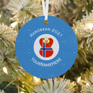 Personalized Norwegian Angel Hanukkah Flag Metal Ornament