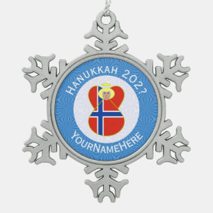 Personalized Norwegian Angel Hanukkah Flag Snowflake Pewter Christmas Ornament