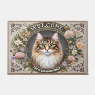 Personalized Norwegian Forest Cat Floral Welcome Doormat