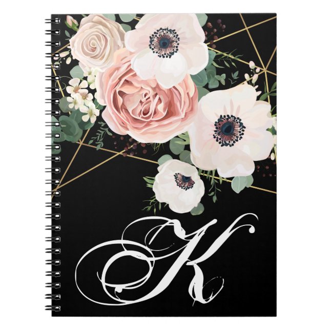 Personalized Note Book Geometric Garden Rose Black (Front)