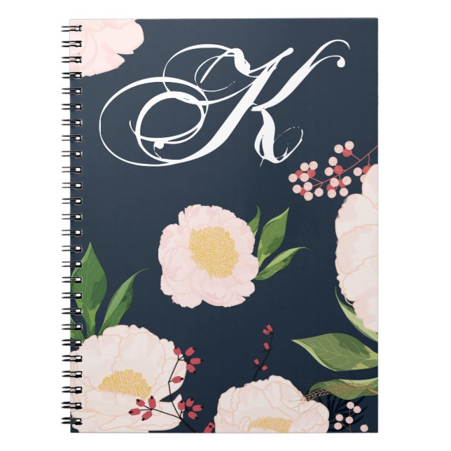 Personalized Note Book White Floral Flowers on Dar (Front)