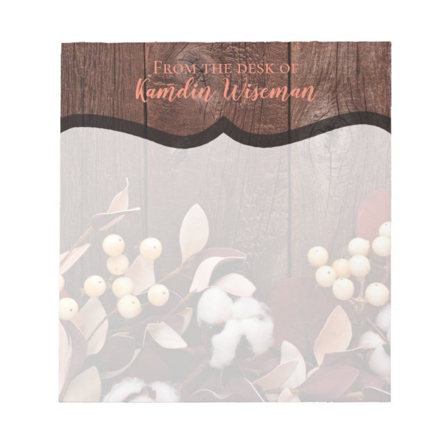 Personalized Notepad Cotton Branch on Dark Wood St (Front)