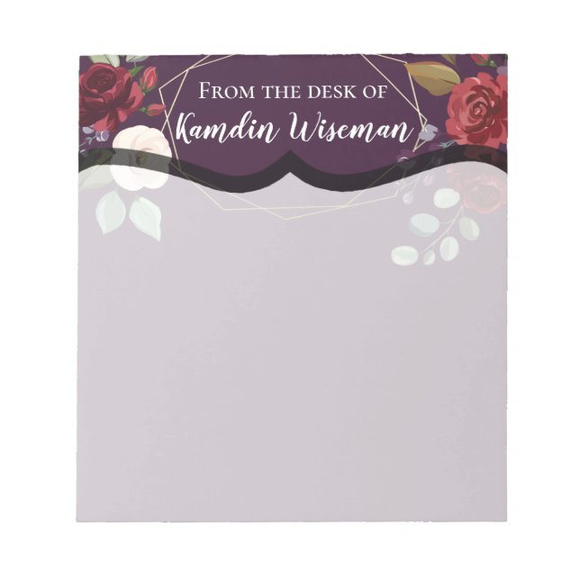 Personalized Notepad Plum Purple Roses Gold Geomet (Front)