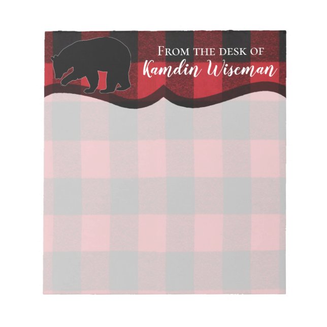 Personalized Notepad Red Buffalo Plaid Bear Black (Front)