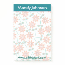 Personalized Notepad-Teal Border Faded Red Flowers