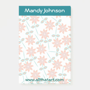 Personalized Notepad-Teal Border Faded Red Flowers Post-it Notes