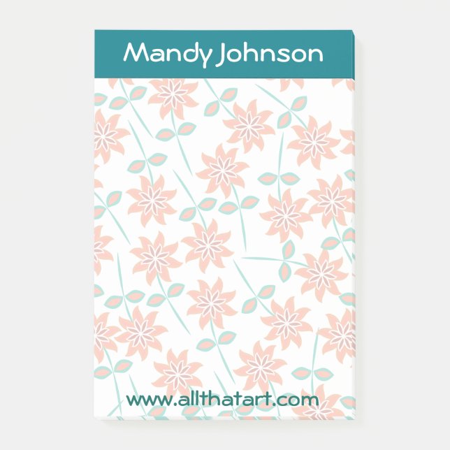 Personalized Notepad-Teal Border Faded Red Flowers Post-it Notes (Front)