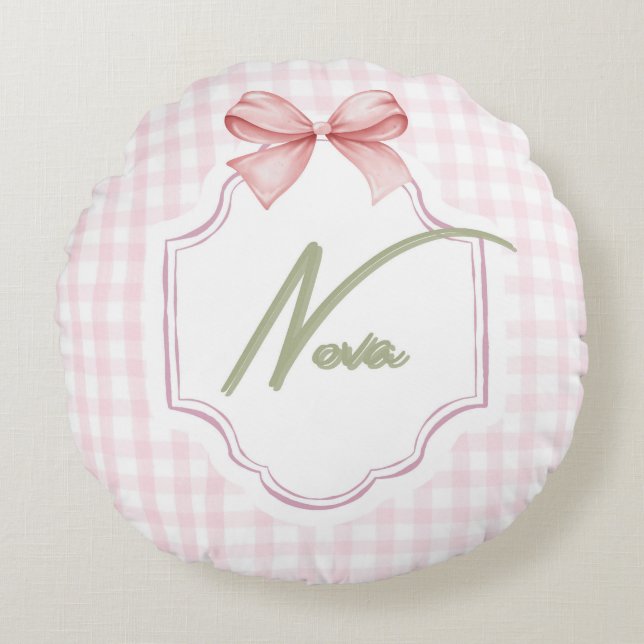 Personalized Nova Baby Girl Nursery Bow&Gingham  Round Pillow (Front)