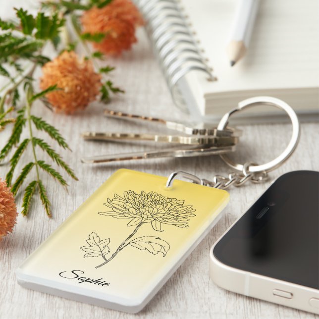 Personalized November Birth Flower Chrysanthemum Keychain (Front Right)