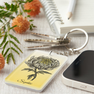 Personalized November Birth Flower Chrysanthemum Keychain