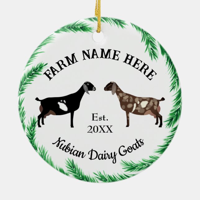 Personalized Nubian Dairy Goat Pine Wreath Ceramic Ornament (Back)